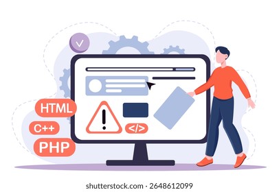 Software developer man. Young guy near computer monitor with programming languages. Coder and programmer at workplace. Backend and front end development. Flat vector illustration