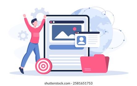 Software developer online. Man near tablet and folder with files. Programmer develops mobile app or program. Coding and programming. Front end and back end developer. Flat vector illustration
