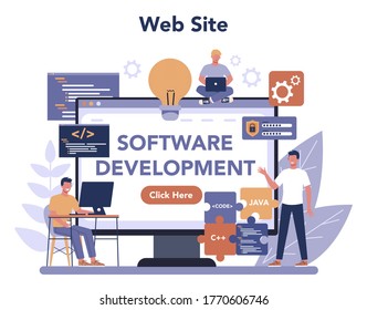 Software developer online service or platform. Idea of programming and coding, system development. Web site. Isolated vector illustration