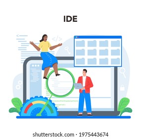 Software developer online service or platform. Idea of programming and system coding. Software developing company. IDE. Flat vector illustration