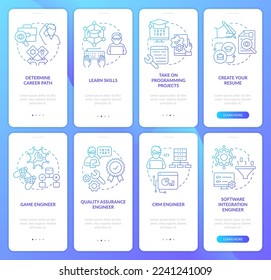 Software developer profession blue gradient onboarding mobile app screen set. Walkthrough 5 steps graphic instructions with linear concepts. UI, UX, GUI template. Myriad Pro-Bold, Regular fonts used
