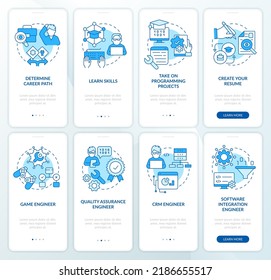 Software developer profession blue onboarding mobile app screen set. Walkthrough 5 steps editable graphic instructions with linear concepts. UI, UX, GUI template. Myriad Pro-Bold, Regular fonts used