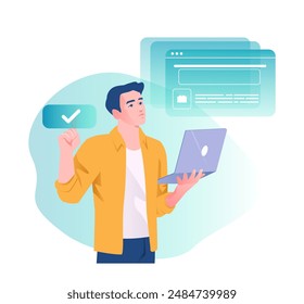 Software developer. Programmer or engineer optimizes application or website. Male tester corrects errors in program code of digital product. Cartoon vector illustration isolated on white background