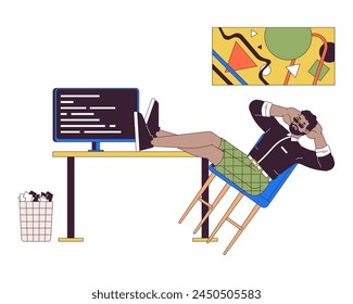 Desarrollador de software descansando en el lugar de trabajo 2D lineal personaje de dibujos animados. Diseñador de Web masculino negro en la oficina en casa aislado de la línea de la persona de Vector de fondo blanco. Ilustración de punto plano de color de trabajo acogedor