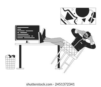 Desarrollador de software descansando en el lugar de trabajo blanco y negro 2D línea personaje de dibujos animados. Hombre negro diseñador de Web en la oficina del hogar aislado perfil de Vector persona. Ilustración de punto plano monocromático de trabajo acogedor