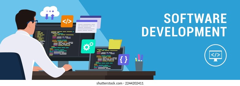 Software developer sitting at desk and working with computers, he is checking the code