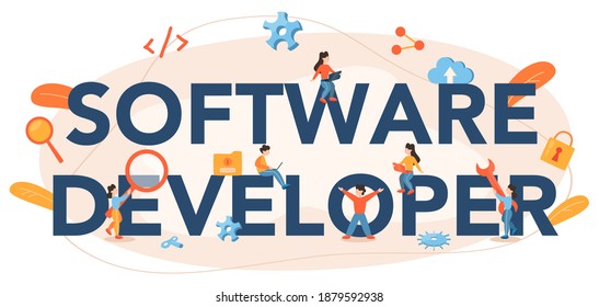 Software developer typographic header. Idea of programming and coding, system development. Digital technology. Software developing company writing code. Isolated vector illustration