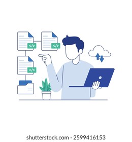Software developer using online processing service, downloading and uploading digital files for protective storage