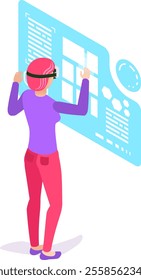 Software developer wearing virtual reality glasses interacting with holographic interface using augmented reality technology, experiencing immersive digital environment