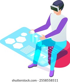 Software developer wearing a vr headset is sitting and interacting with virtual reality data, manipulating holographic charts and diagrams with his hands