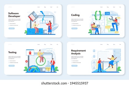 Software developer web banner or landing page set. Idea of programming