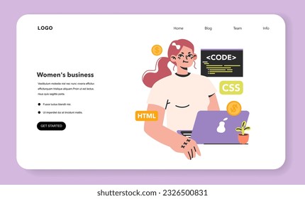 Software developer web banner or landing page. Female programmer coding a website. Digital specialist creating a web page. Woman at the desk with a laptop. Flat vector illustration