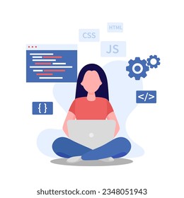 Software developer woman. Woman with straight long hair. Programming languages. Isolated on white background.	
