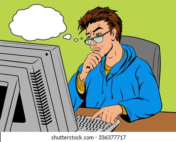 Software developer developer at work comic book pop art retro style vector illustration. Software engineer.