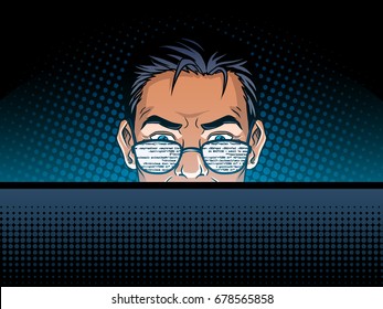 Software developer at work comic book pop art retro style vector illustration. Software engineer.