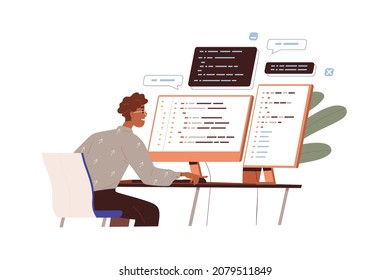 Software developer work with program code. Programmer and monitors with abstract computer language script. Backend development concept. Flat vector illustration of coder isolated on white background