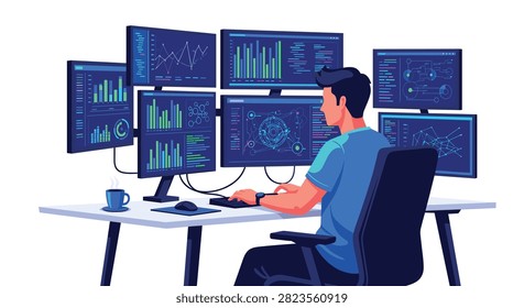 Software developer working at a desk with multiple monitors displaying complex data charts and code in a current office environment.