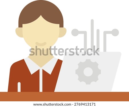 A software developer is working on a laptop with a gear icon, symbolizing technology and coding. The illustration style is clean and modern, suitable for use in technology blogs, educational materials, and business presentations.