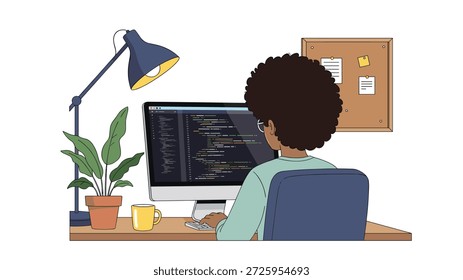 Desarrollador de software trabajando en un Grande monitor de computadora con código en un escritorio de madera con plantas, café y notas.