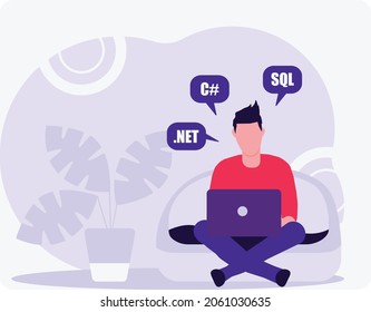 software developer works from home while sitting in a comfortable beanbag, programmer coding remotely from the comfort of his home