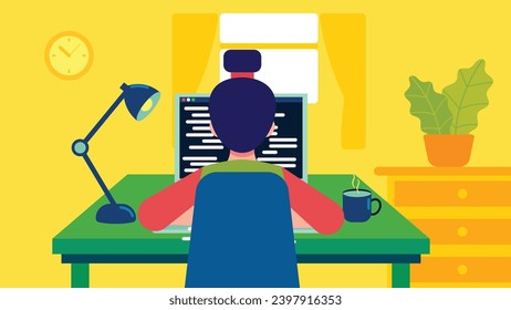 Software developer works on coding a program for web development on computer. Programmer working on pc with a cup of coffee and a lamp in a well lit room. Flat vector illustration. Back view.
