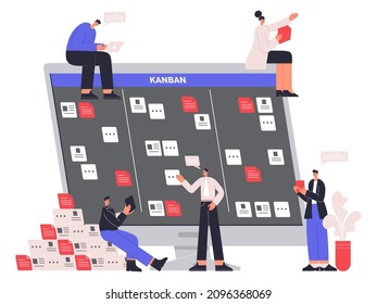 Software developers characters work with scrum task board. Kanban board project management workflow vector illustration. Software development work process. Employees arranging tasks