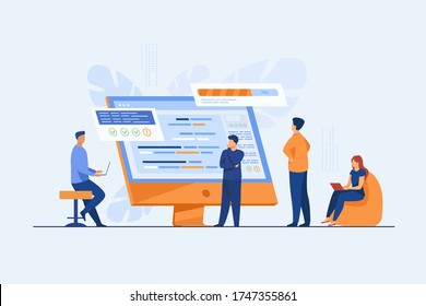 Software developers coding on computer with script. Coding, engineering, interface design flat vector illustration. Programming concept for banner, website design or landing web page