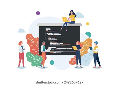 Software developers coding together. programmer working writing code. Vector illustration