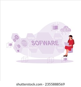 Software developers concept. Female worker programming software with her laptop. Trend Modern vector flat illustration