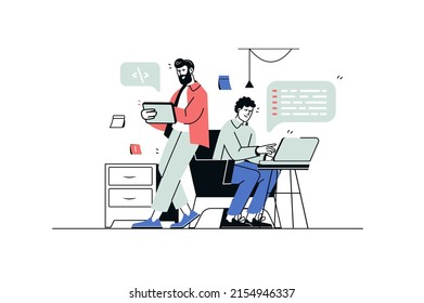 Software developers concept in flat line design. Man programmers work with code in office, optimize and test programs, collaborate on project. Vector illustration with outline people scene for web