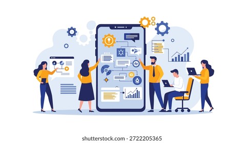Desenvolvedores de software e designers trabalhando em torno de uma grande tela de smartphone para construir e otimizar um aplicativo móvel funcional.
