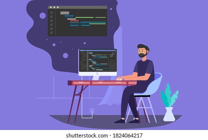 Software developers do the coding on the computer with programming script flat illustration