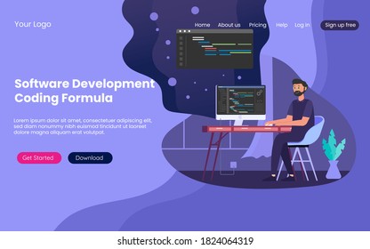 Software developers do the coding on the computer with programming script flat illustration