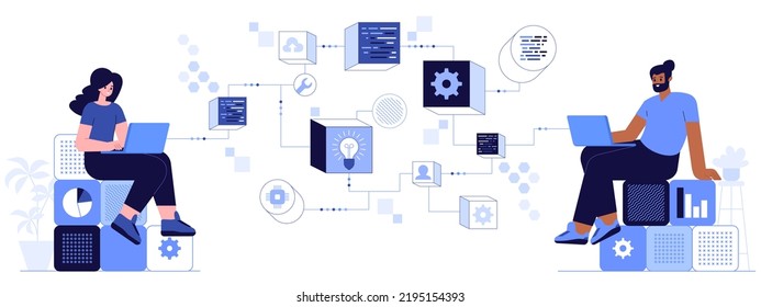 Desarrolladores de software Freelancers trabajando en el desarrollo de aplicaciones y web en portátiles Smm manager, programadores, sentados en infografía y trabajar en el proyecto de diseño ui ux para portátiles Ilustración vectorial de estilo plano