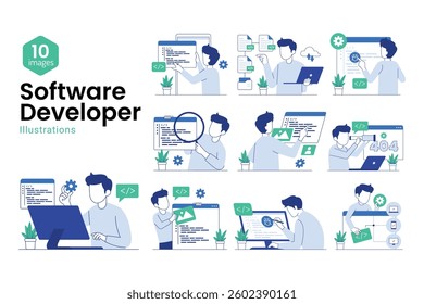 Software developers Illustration Set. Different characters working on web and application development on computers. Flat vector style illustrations