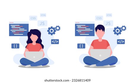 Software developers man and woman. Programming languages. Isolated on white background.
