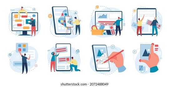 Software developers and programmers at work, coding and programming concept. Professional web designers working on app development vector set. Characters designing interface for different gadgets