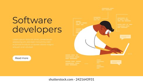 Software developers template. Man with glasses working using laptop, coding, programming, networking. Backend or frontend developer, geek, program code vector illustration. Programmer work, app script