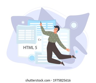 Software developers working of script coding. Engineer character programming in php, python, javascript, other languages. Vector illustration coder concept