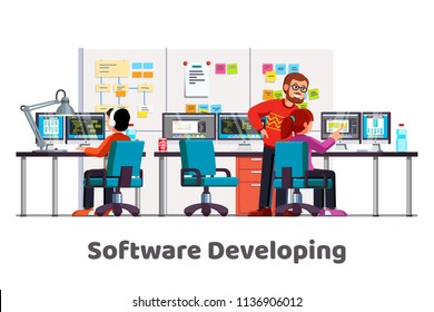 Software Developing Company Team Work Together Coding. Programmers Writing Code. Software Developer Office Workplace Desks. Team Lead Engineer Teaching Junior Programmer. Flat Vector Illustration