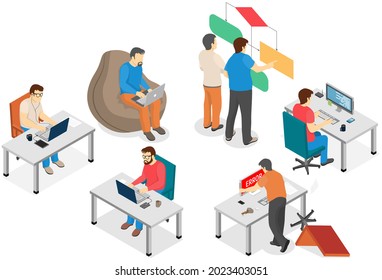 Software developing company team work together coding. Programmers writing code. Software developer office workplace desks. Team lead engineer teaching junior programmer indicates to him an scheme