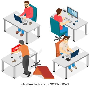 Software developing company team work together coding. Programmers writing code. Software developer office workplace desks. Team lead engineer teaching junior programmer indicates to him an error