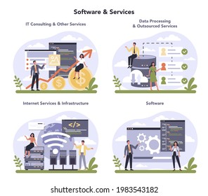Software developing and data precessing industry sector of the economy set. IT consulting, internet service providers. Isolated flat vector illustration