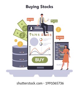 Software developing and data precessing industry online service or platform. IT consulting, internet service providers. Buying stocks. Flat vector illustration