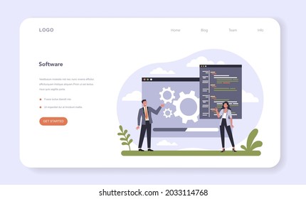 Software developing and data precessing industry sector of the economy web banner or landing page. IT consulting, internet service providers. Isolated flat vector illustration