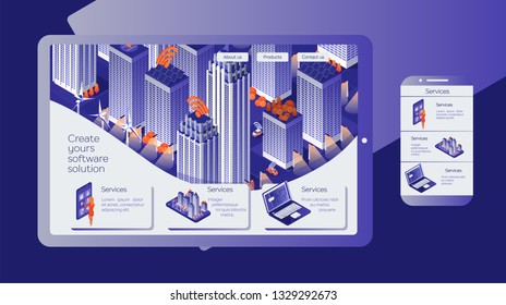 Software developing web page template. Cross browser platform. Tablet and smartphone. Isometric flat 3d illustration. Smart city night