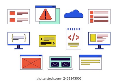 Software development 2D linear cartoon objects set. App programming technology isolated line vector elements white background. Computer engineering color flat spot illustration collection