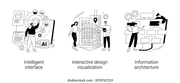 Conjunto de ilustraciones vectoriales de concepto abstracto de desarrollo de software. Interfaz inteligente, visualización de diseño interactivo, arquitectura de información, ingeniería de usabilidad, metáfora abstracta de diseño web.