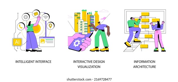 Conjunto de ilustraciones vectoriales de concepto abstracto de desarrollo de software. Interfaz inteligente, visualización de diseño interactivo, arquitectura de información, ingeniería de usabilidad, metáfora abstracta de diseño web.