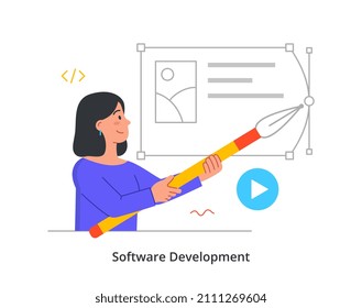 Software Development abstract concept. Young woman holds digital pen and creates user interface for website. Programming and landing page design. Cartoon contemporary flat vector illustration